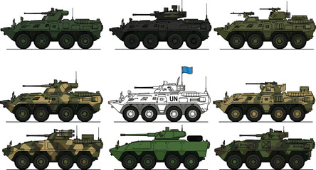 Military armored personnel carrier vector set featuring various camouflage patterns and UN peacekeeping version for defense industry army transport and tactical combat themed graphic designs © Suchana