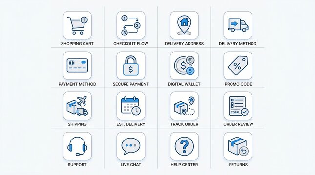E-commerce icons showcase various delivery and payment methods on a screen