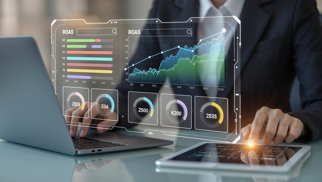 Businessperson using digital tablet and laptop with virtual financial data graph charts and analytics