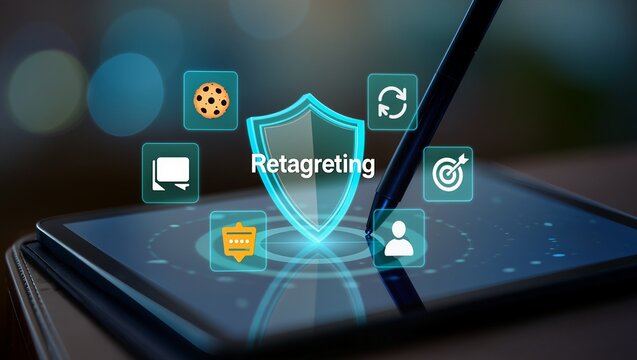 Digital marketing concept with retargeting shield and icons on black tablet with stylus pen close up
