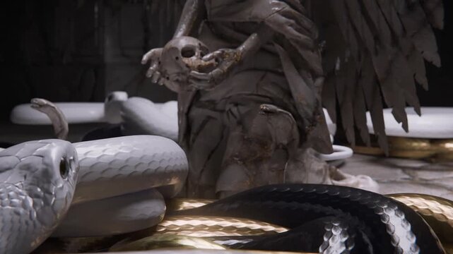 Captivating 3D Animation Loop Mysterious Angelic Statue Embracing Serpent Symbols with Flowing Gold, Ideal for VJ and DJ Sets, 3D Video Presentation, and Dynamic Backgrounds