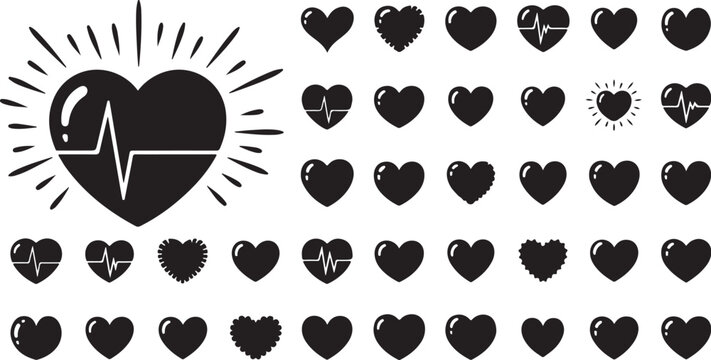 Heartbeat and ekg pulse silhouette icon vector collection