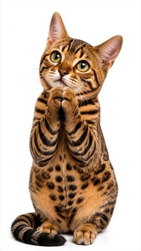 Bengal cat begging with praying hands on white background vertical