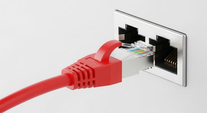 Red ethernet rj45 cable plugging into dual network port wall socket