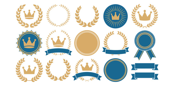 Golden laurel wreath and crown icons set, premium quality award badges with blue ribbons, luxury heraldic symbols for certificate and diploma design