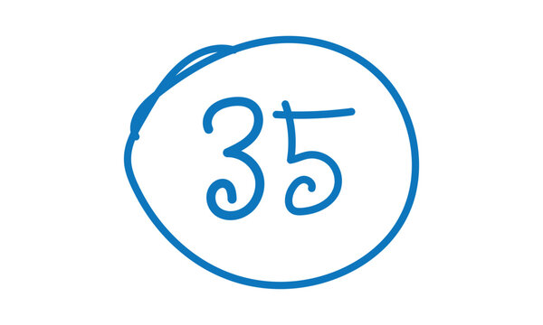 abstract simple hand drawn blue number 35 on circle design.