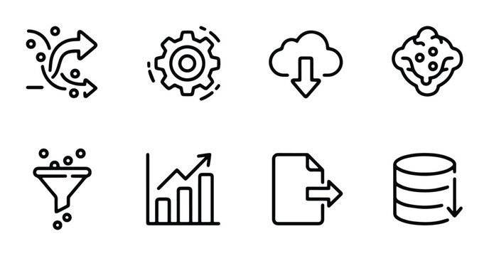 Data processing line icons set, business analytics and cloud computing symbols, 8 vector elements for technology and information management
