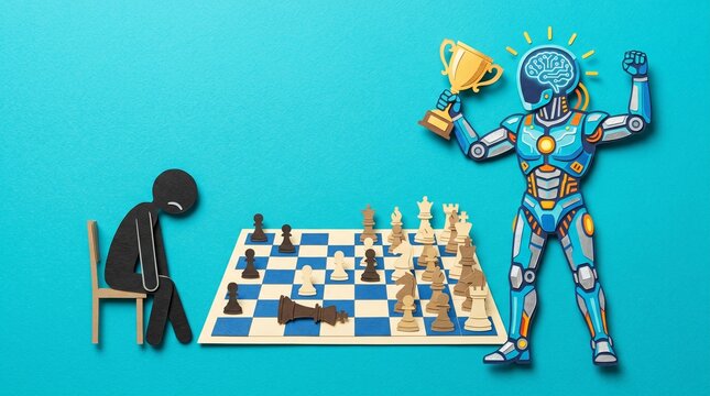 AI triumphs over human intellect in a game of chess, symbolizing the shift of strategic dominance and the looming obsolescence of traditional mastery in the age of machine logic.