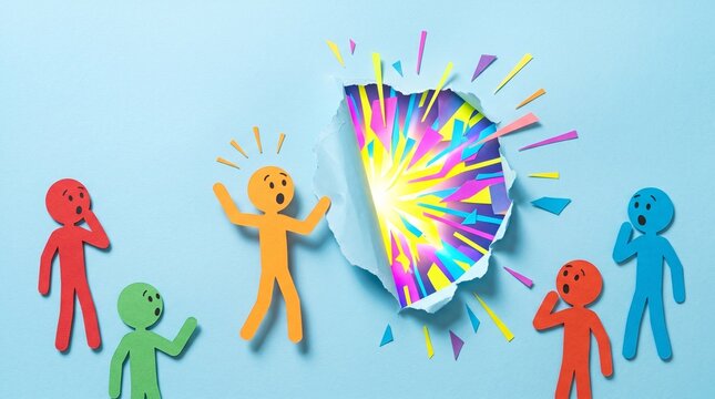 A vibrant explosion bursts through a sterile reality, symbolizing a sudden paradigm shift or creative breakthrough that disrupts the status quo and leaves onlookers in awe.