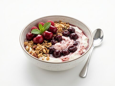 Premium Cherry Yogurt Bowl with Perfectly Arranged Fresh Fruits and Nuts