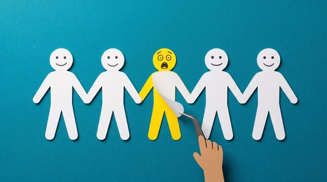 A veneer of conformity is peeled away to expose a singular, anxious truth, symbolizing the forced unmasking of individuality or the internal dread hidden behind social performance.