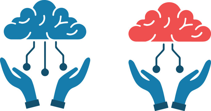 Illustrazione vettoriale di mani aperte che sostengono un cervello, simbolo di intelligenza, salute mentale, protezione, conoscenza e supporto psicologico. Ideale per medicina, educazione e benessere 