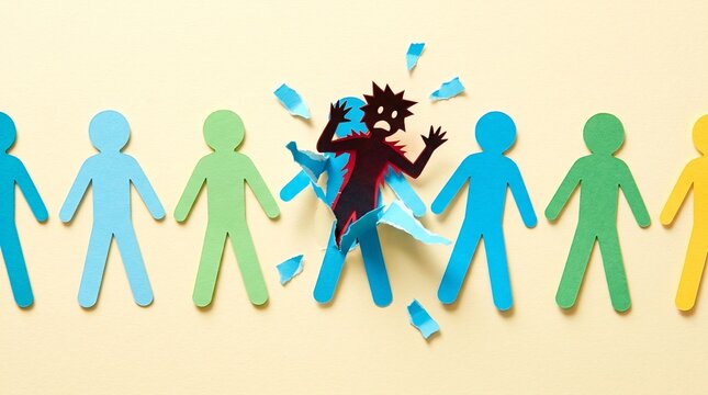 A dark, jagged shadow erupts through a line of uniform figures, symbolizing the explosive emergence of repressed trauma, radical dissent, or the violent break from social conformity.