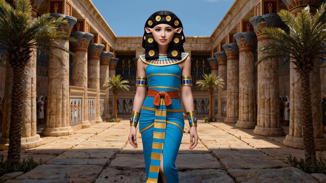 Goddess Hathor in blue Egyptian dress walks through colorful ancient temple courtyard with painted columns and palm trees. Fantasy mythology cinematic portrait.