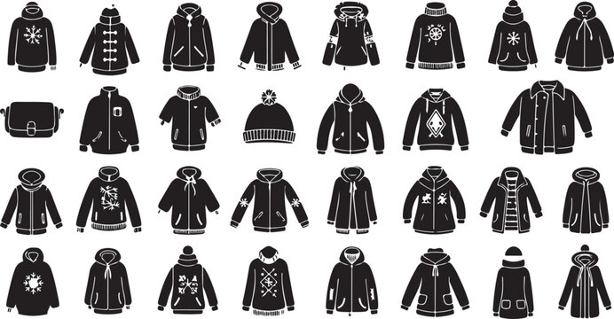 Winter jacket and parka clothing silhouette icons