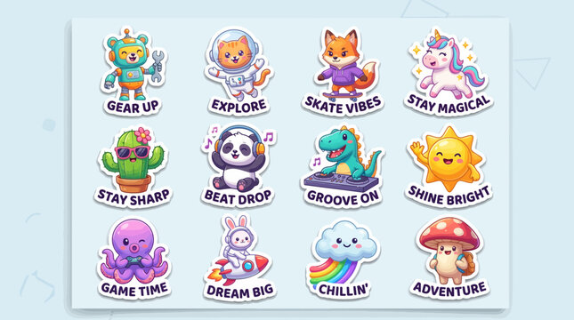 Cute sports mascot stickers showcase various fun phrases and characters in a colorful hybrid style.