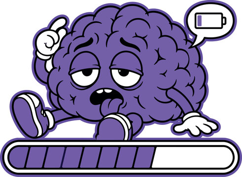 Exhausted brain cartoon character with low battery and loading bar. Mental health, stress, and burnout concept vector illustration.