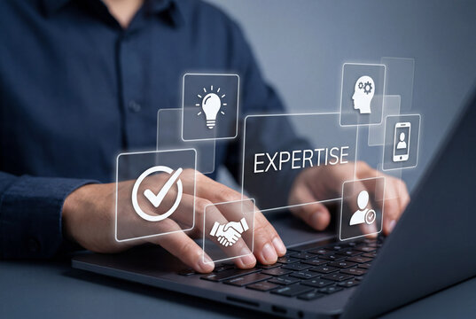 Businessman developing professional expertise and specialized skills using digital technology on laptop