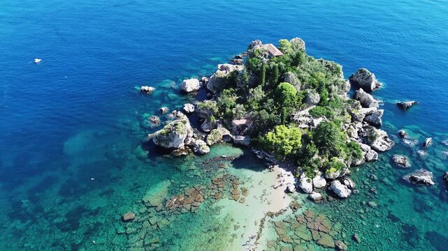Taormina beach and Isola Bela at summer, Sicily Italy