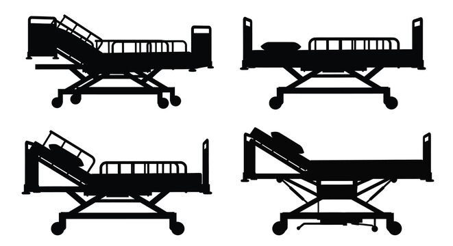 Hospital bed silhouettes in various positions black and white silhouette