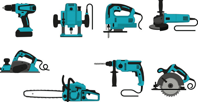 Professional electric power tools set for construction and woodworking featuring drill jigsaw circular saw chainsaw grinder sander and router icons on white background