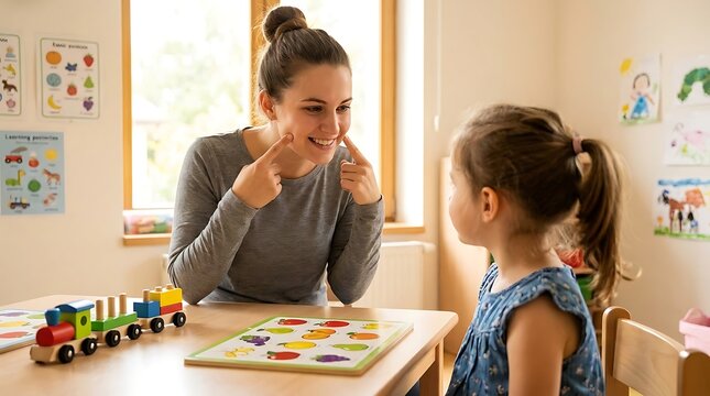 A speech therapist demonstrating facial expressions to a young patient