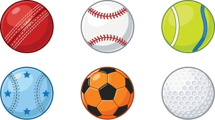 Fototapeta premium Sports ball collection featuring cricket ball baseball tennis ball softball soccer ball and golf ball icons for athletic competition fitness and team game vector designs