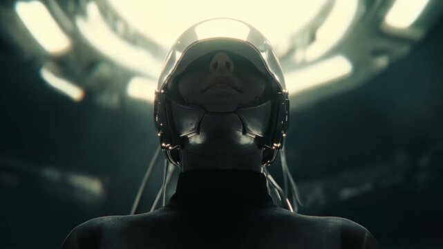 Futuristic 3d animation, 3d video, Loop, VJ, DJ A close-up cinematic portrait of a cyberpunk android's face, illuminated by futuristic lights in 3d video