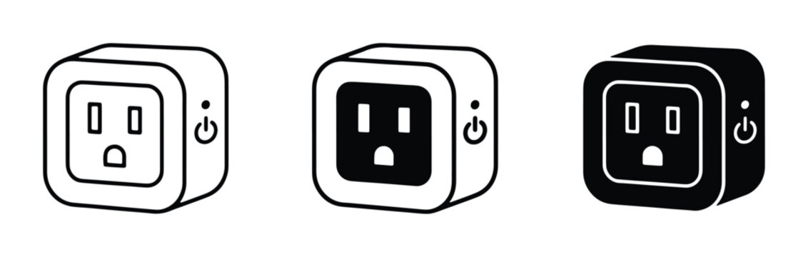 Smart plug vector icons set, wireless electrical socket outlet with power button, modern home automation technology symbols for energy management