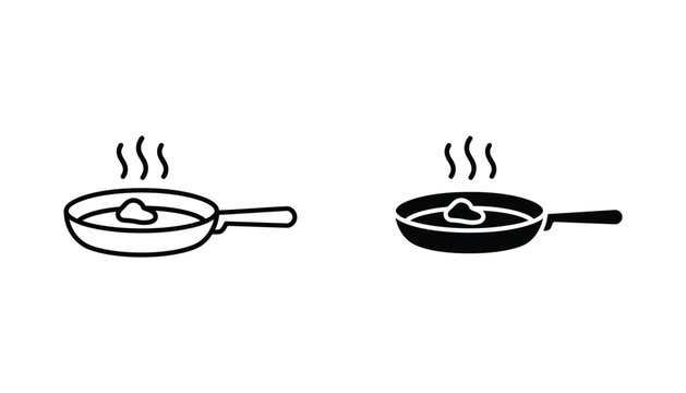 Steaming frying pan icon set featuring line art and solid black vector design for cooking and kitchen appliance branding
