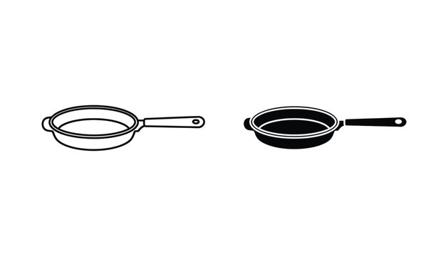 Empty non-stick frying pan vector icon set for cooking and kitchenware branding featuring a clean handle design isolated on a white background in black and white styles