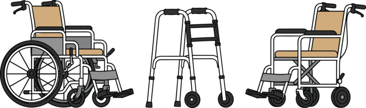 Medical mobility aids set featuring manual wheelchair transport chair and folding walker with wheels for healthcare disability accessibility and elderly care themed vector graphic designs
