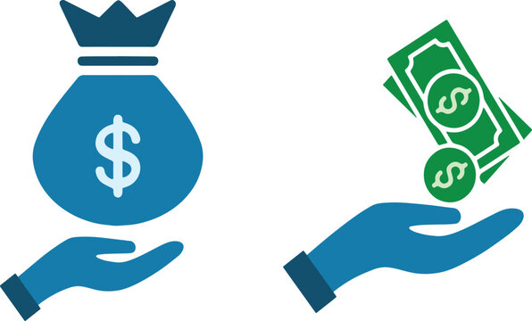 Illustrazione vettoriale di icone con mani che raccolgono banconote e denaro che cade dal cielo. Ideale per concetti di ricchezza, guadagno, business, finanza e successo economico.