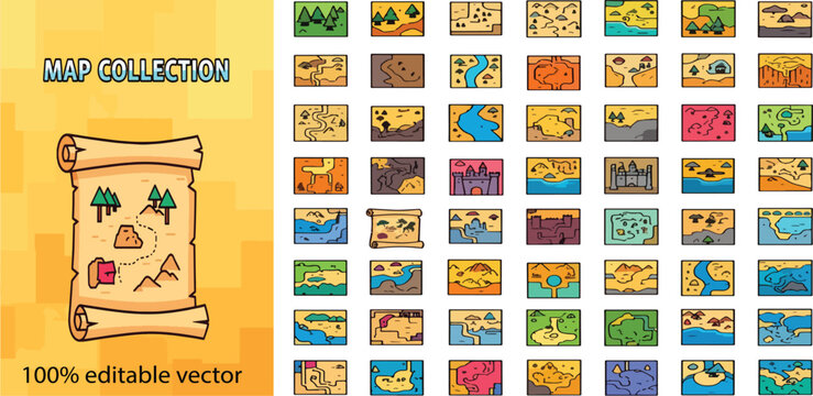 Fantasy map collection, 54 adventure scroll icons in cartoon style, vintage pirate treasure maps with islands and mountains, editable vector set