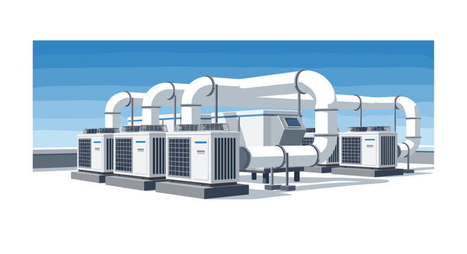Several industrial air conditioning units positioned on a rooftop are connected by large white overhead pipes against a clear blue sky background.