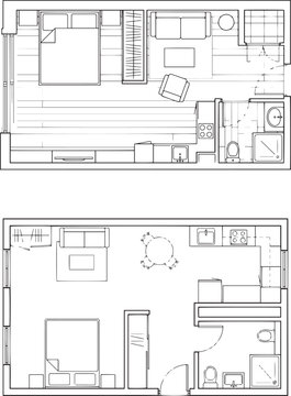 Floor plan layout of small studio apartments showing furniture arrangement in vector format with kitchen bathroom bedroom and living area designs on transparent background for interior development.