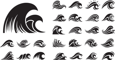 Obraz premium Decorative ocean surf and wave silhouette collection