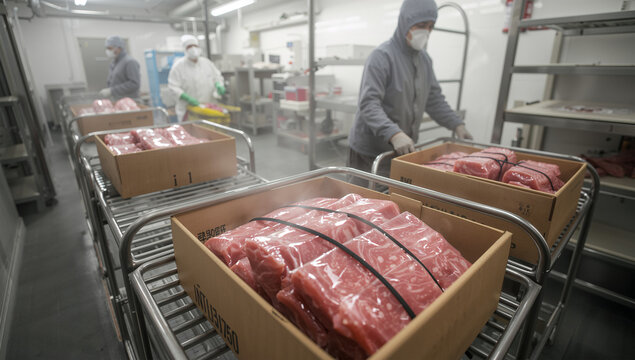 冷蔵保管庫で食肉を管理する低温物流の作業風景写真