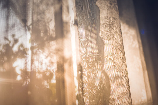 Warm Morning Sunlight Filtering Through Delicate Lattice Curtains