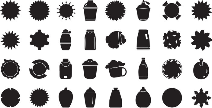 Various container bottles and starburst icon silhouettes