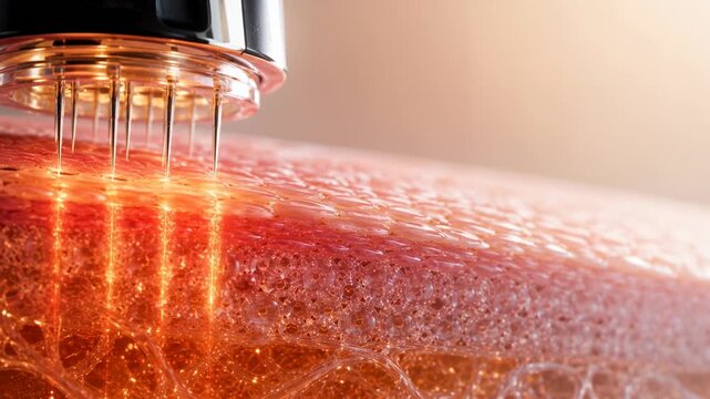 Red cosmetic microneedling device penetrating glowing skin layers in close up view, futuristic dermatology treatment, anti aging skincare technology, beauty science concept.