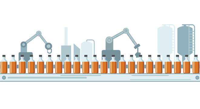 Uniform rows of orange liquid bottles travel along a continuous horizontal conveyor belt system within a minimalist digital manufacturing plant illustration on white.