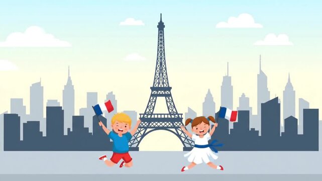 Children celebrate Bastille Day with Eiffel Tower in Paris cityscape background