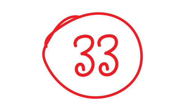 abstract simple hand drawn red number 33 on circle design.