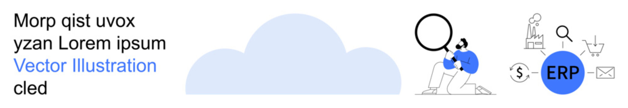 Cloud computing, ERP systems, data management, digital transformation, online collaboration, business processes. Abstract cloud design includes ERP icon, magnifying glass documents. Cloud computing