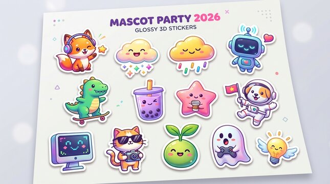 A modern 3D cartoon sticker pack featuring colorful mascot characters