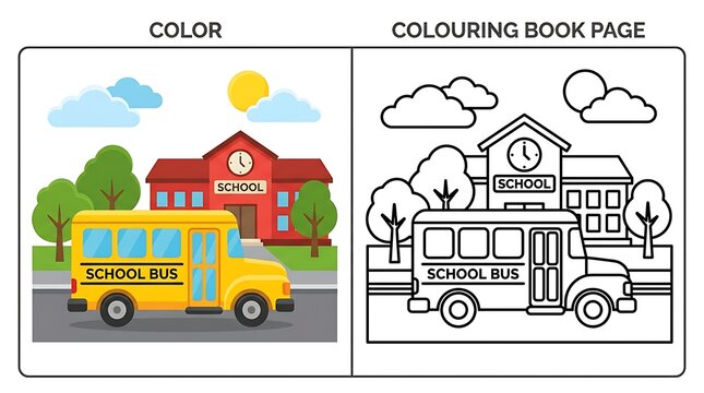 Colorful school bus and lineart scene