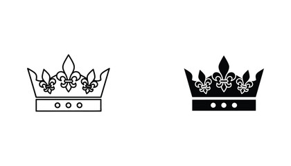 Royal crown icon set with fleur de lis pattern in outline and solid style for luxury branding and heraldic design elements © Mark