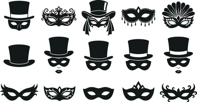 Collection of black masquerade masks and top hats