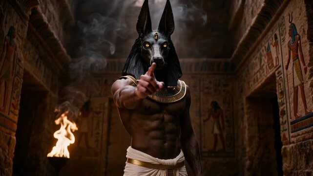 Powerful Anubis god with jackal head walks through burning ancient Egyptian temple with fire and smoke. Epic dark fantasy warrior deity for mythology and cinematic projects.